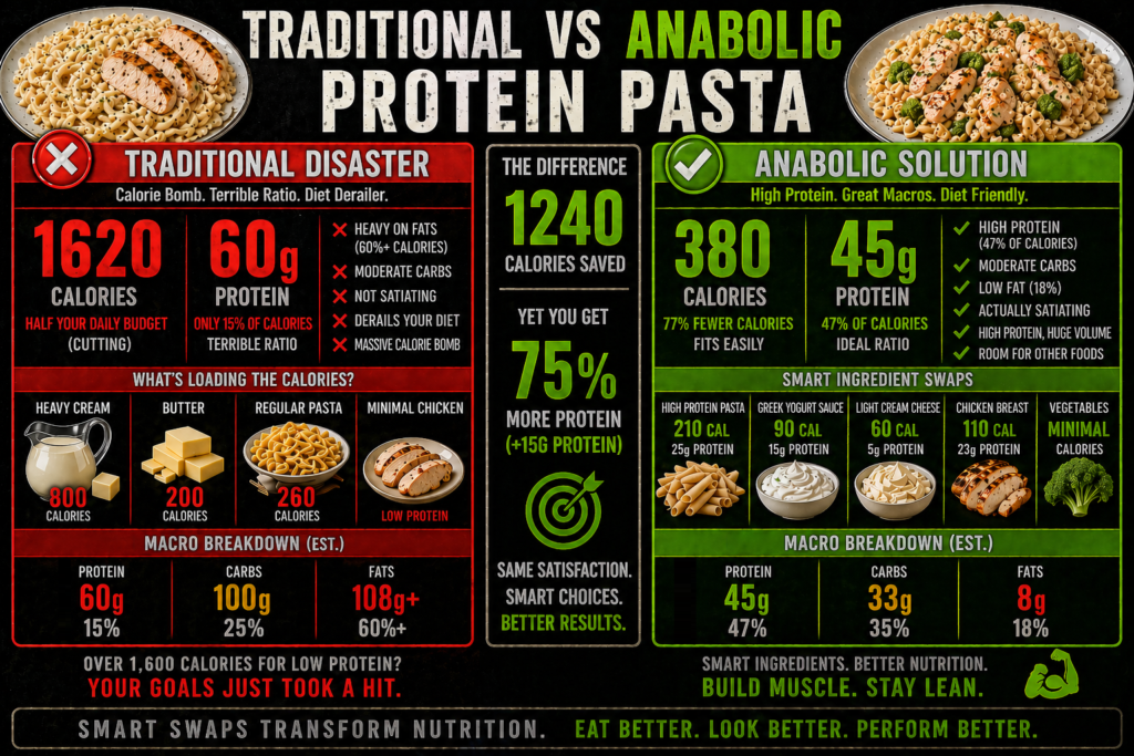 Creamy high-protein pasta dish with 45g protein in a white bowl