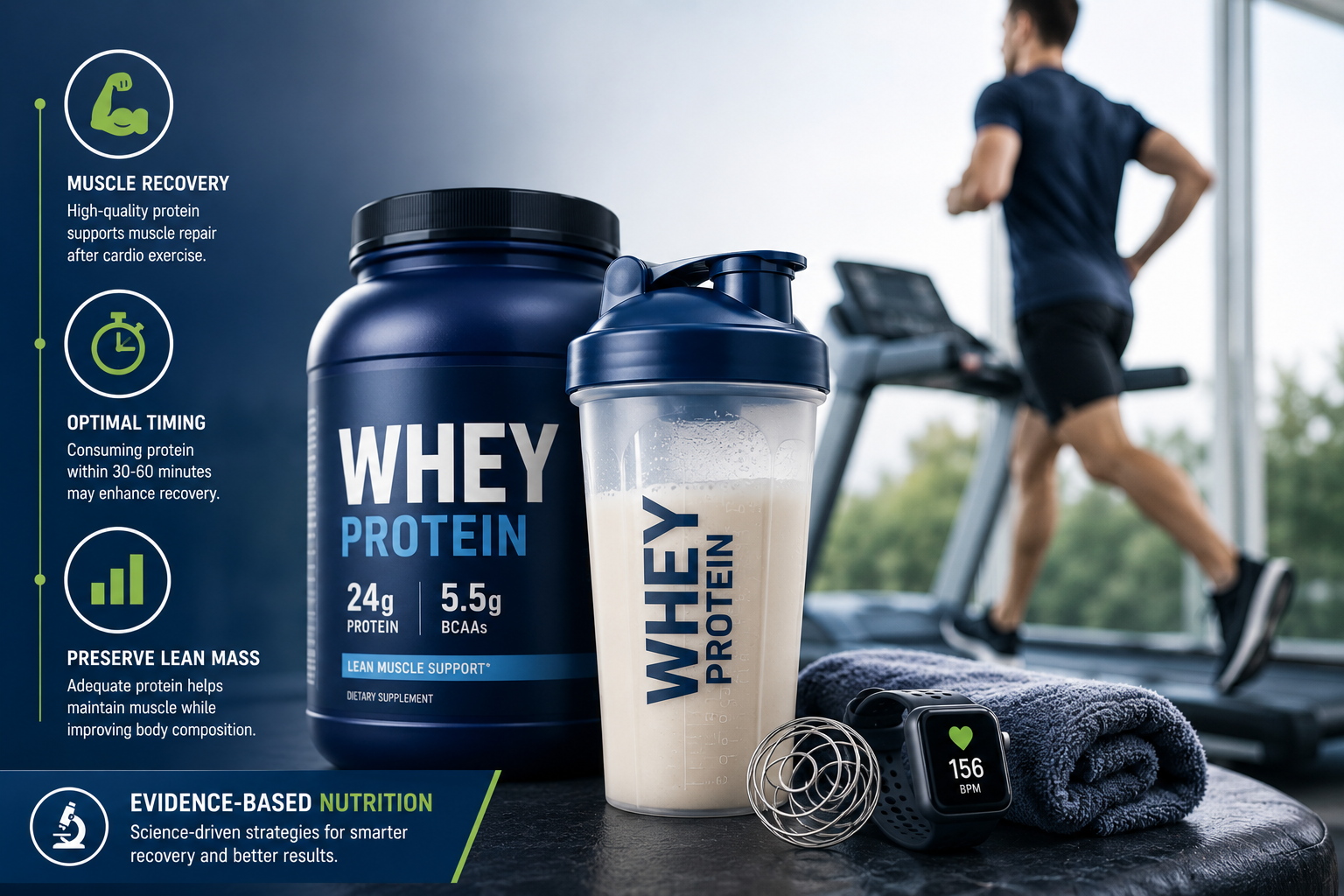 Athlete drinking whey protein shake after cardio workout