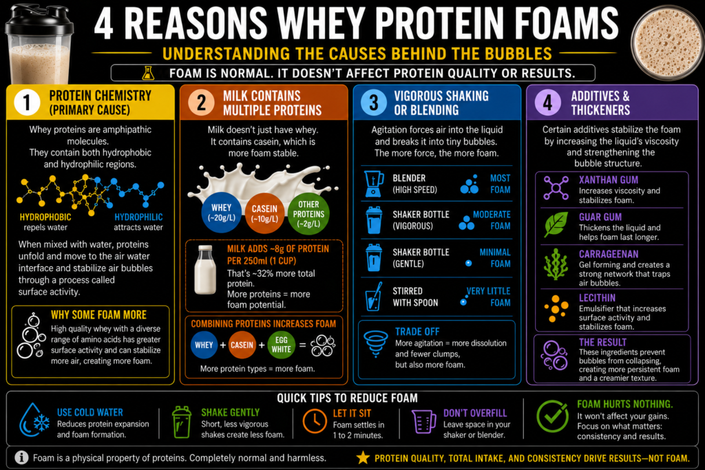 Protein shake with foam layer on top in glass