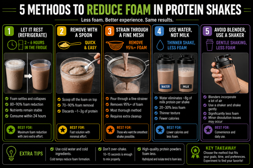 Protein shake with foam layer on top in glass