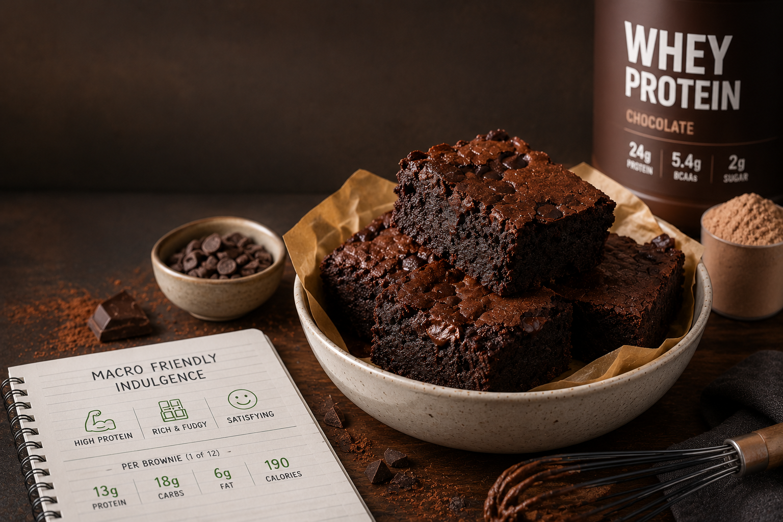 Fudgy chocolate protein brownies stacked on a plate, low-calorie dessert
