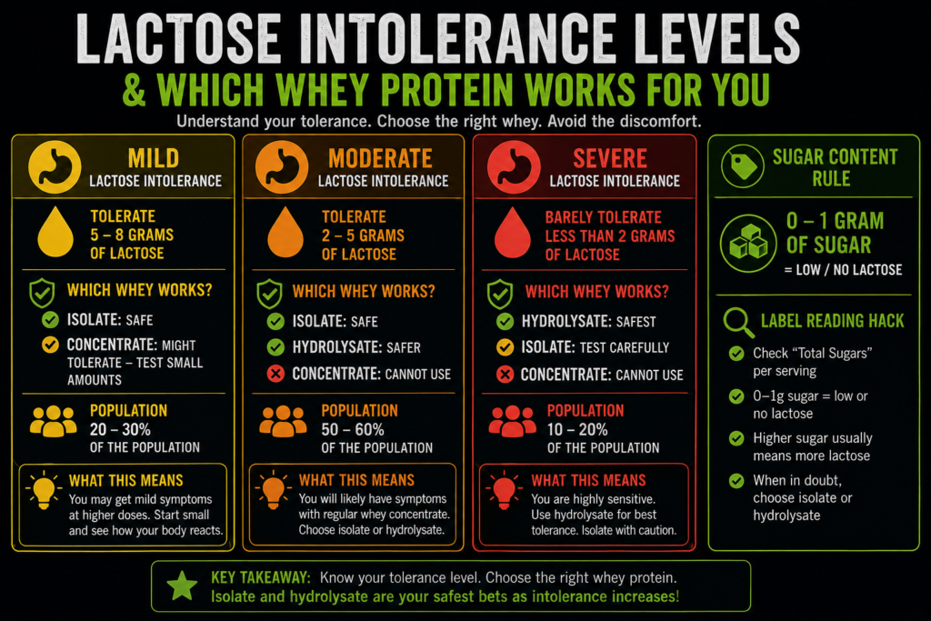 Whey protein powder scoop with lactose content information for fitness enthusiasts