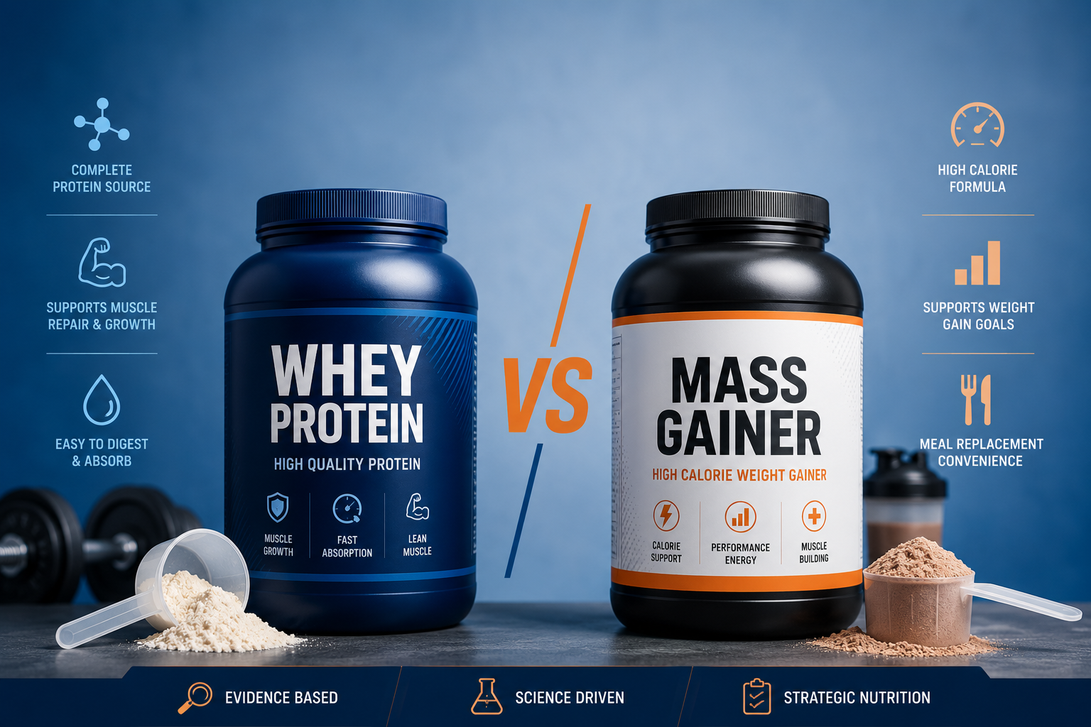 Mass gainer and whey protein powder containers displayed together on white surface