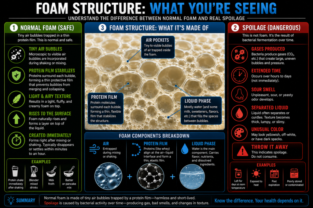 Protein shake with foam bubbles on top in glass
