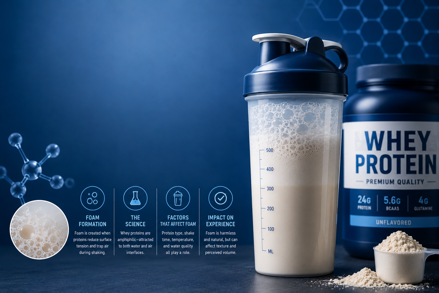 Protein shake with foam layer on top in glass