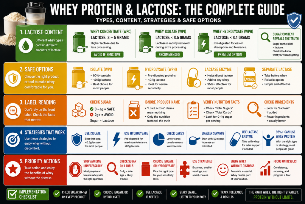 Whey protein powder scoop with lactose content information for fitness.