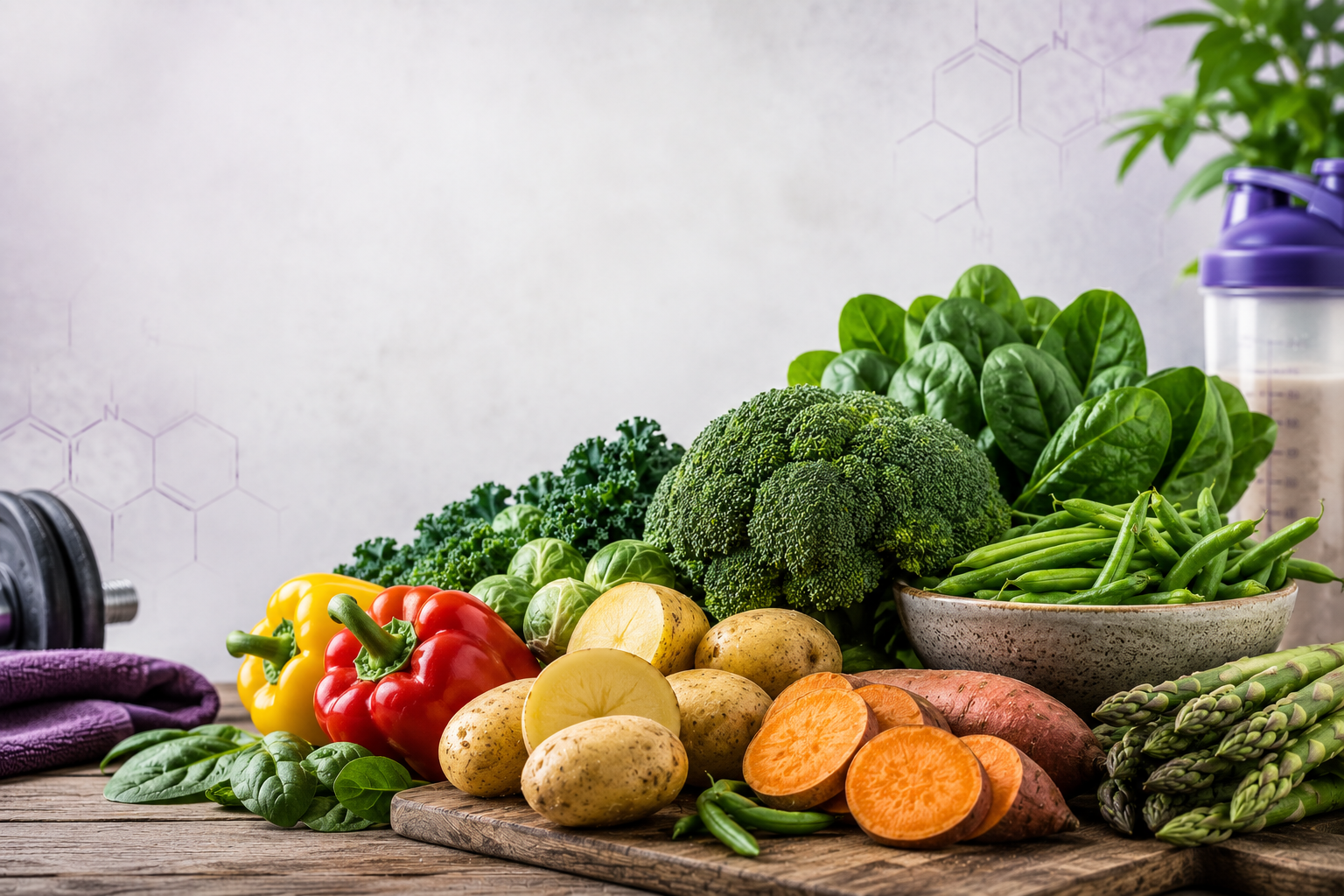 Nutrient-rich vegetables for muscle building including broccoli, spinach, and bell peppers