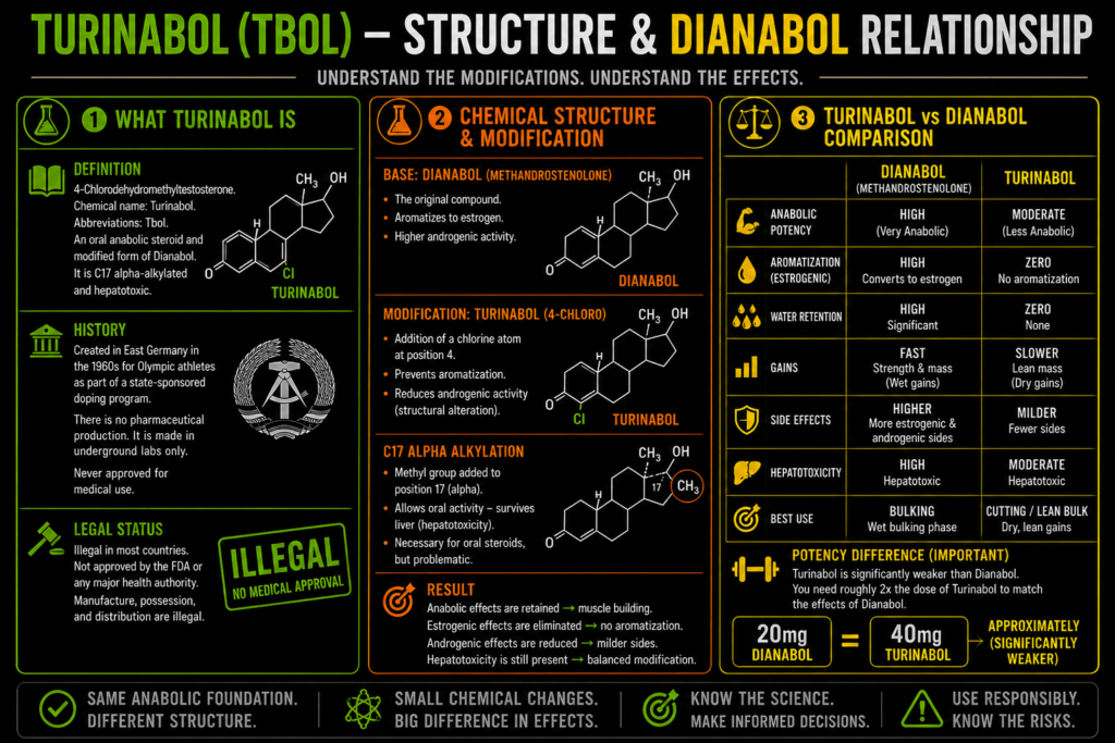 Turinabol: Uses, Cycles, and Side Effects (Mild Oral Steroid Explained) 2 Turinabol oral steroid tablets and chemical structure diagram
