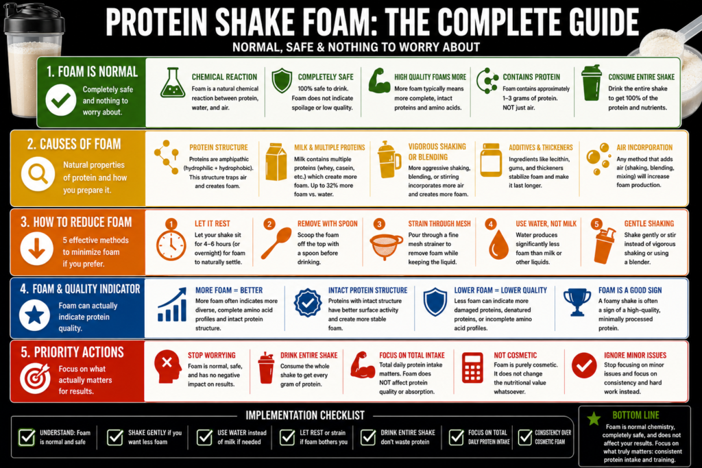 Protein shake with foam layer on top in glass