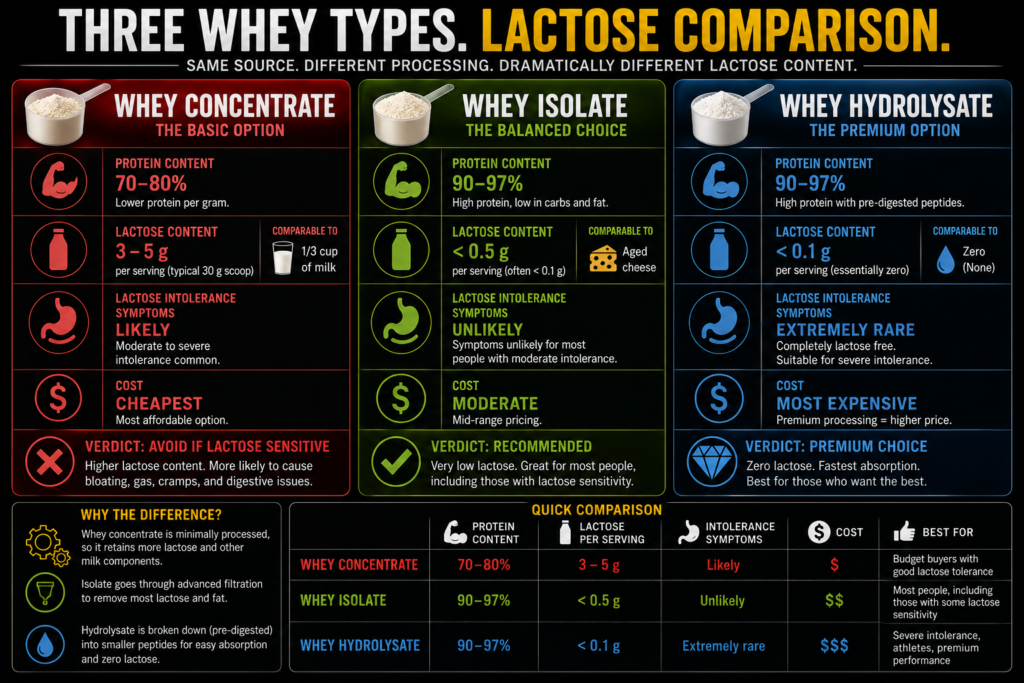 Whey protein powder scoop with lactose content information for fitness nutrition