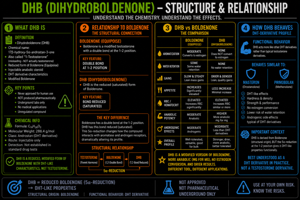 DHB (Dihydroboldenone): The Complete Guide (1-Testosterone Explained) 2 DHB steroid molecular structure diagram for 1-testosterone guide