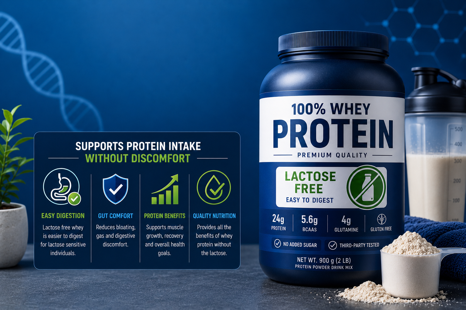 Whey protein powder scoop showing lactose content information for fitness enthusiasts