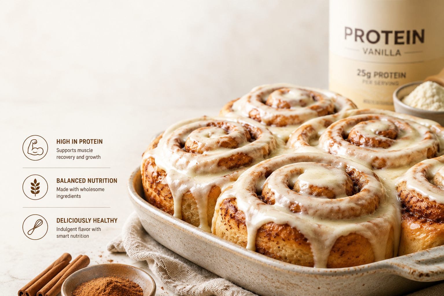 Protein cinnamon rolls with frosting on plate, healthy 180 calorie recipe