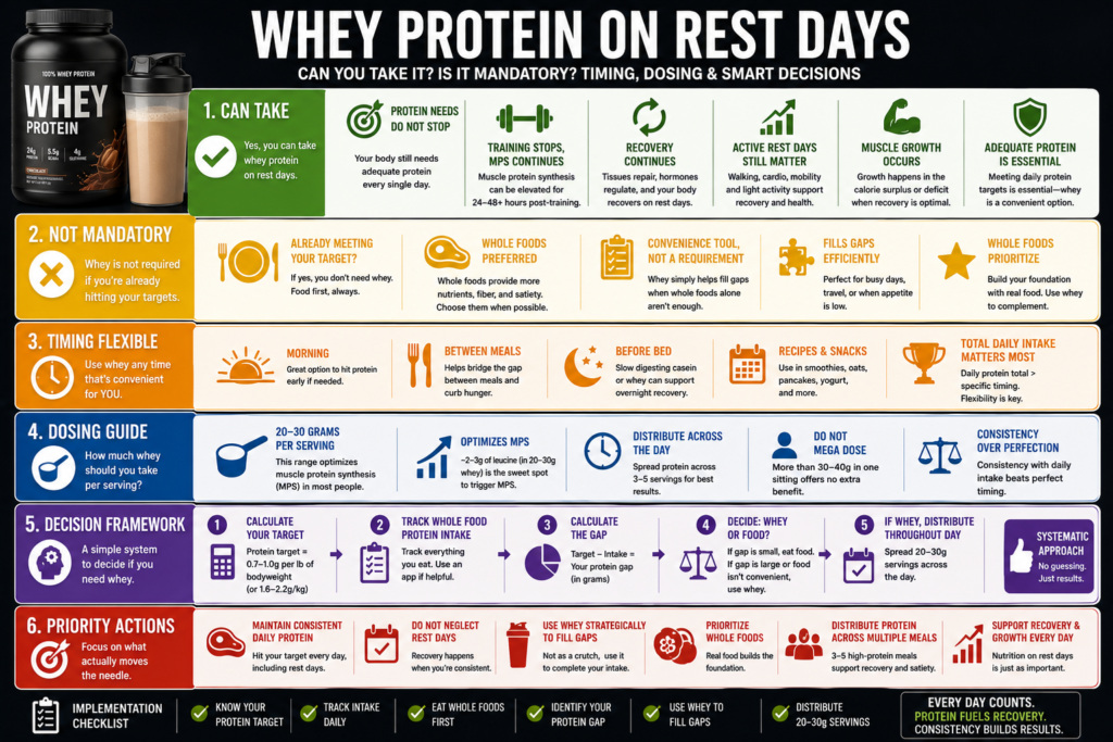 Whey protein powder in shaker bottle on rest day recovery setup