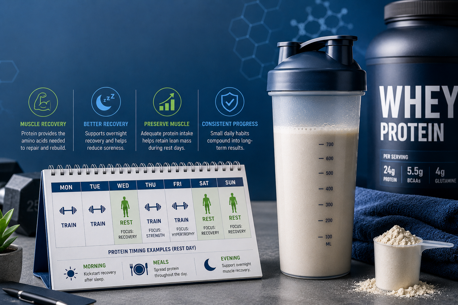 Whey protein powder in shaker bottle on rest day recovery setup
