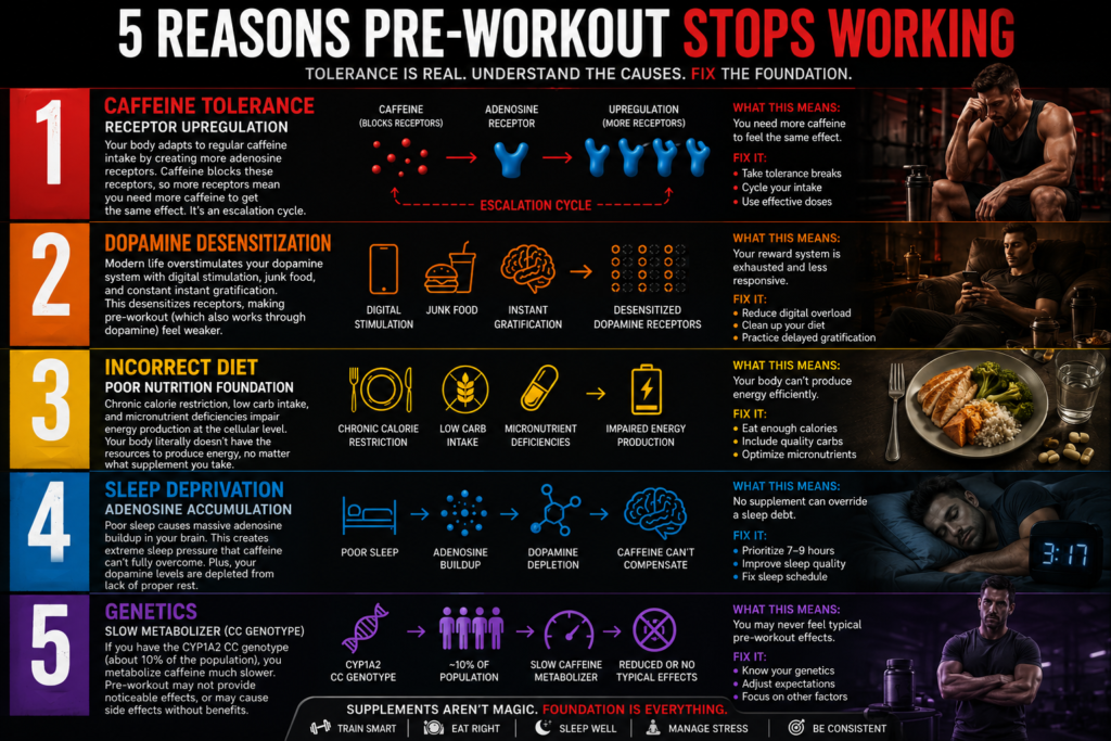 Pre-Workout Not Working Anymore? (5 Reasons Why and How to Fix It) 2 Tired pre-workout supplement with measuring scoop on table, representing diminished effectiveness