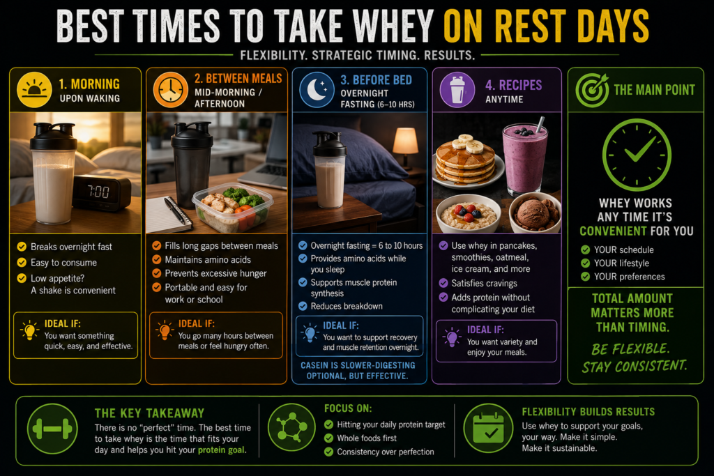 Whey protein powder in shaker bottle for rest day recovery