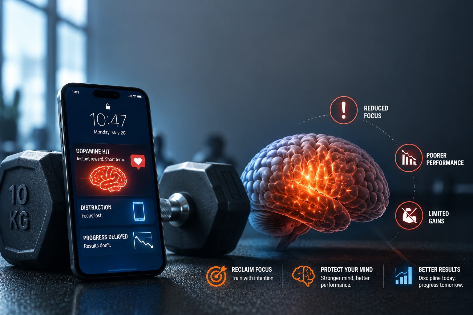 Distracted gym-goer checking phone during workout, illustrating phone addiction's impact on fitness performance.