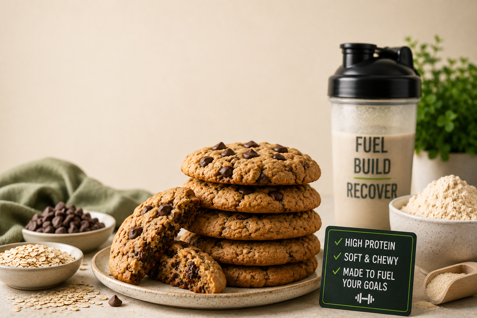 Soft anabolic protein cookies stacked on plate, low-calorie fitness recipe