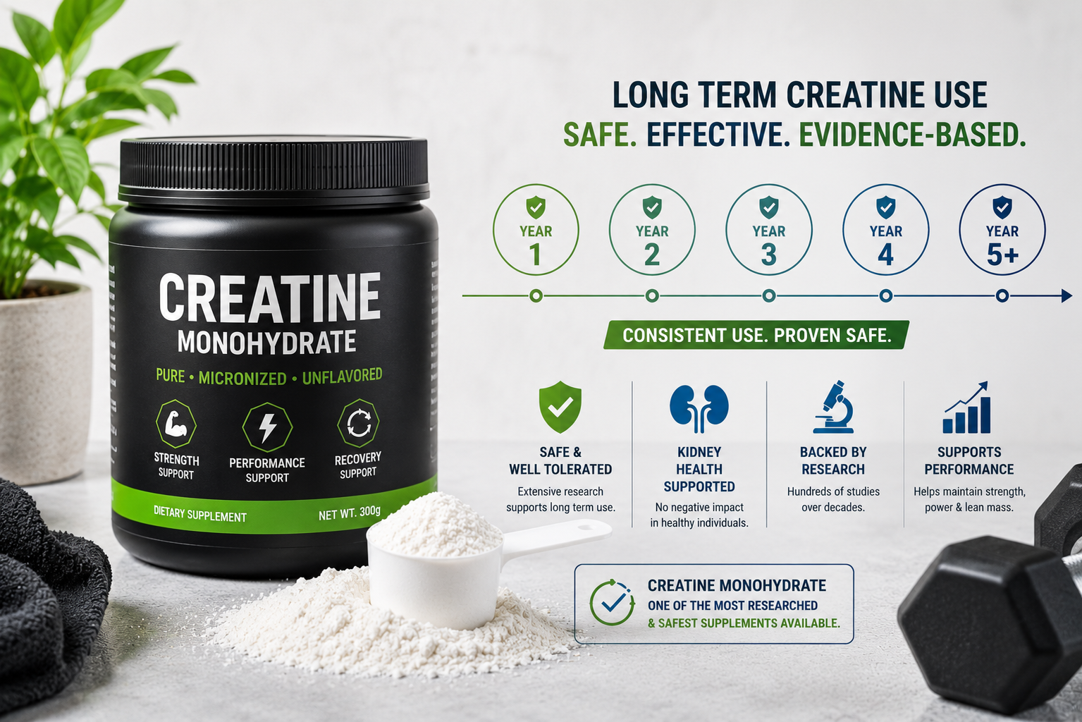 Athlete holding creatine supplement powder container in gym setting
